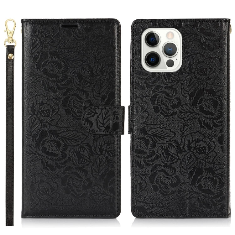 For iPhone 12 Pro Max Peony Flowers Imprint Leather Phone Case