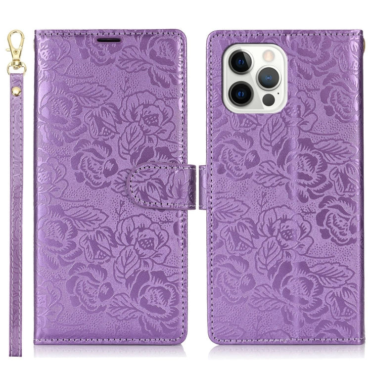 For iPhone 12 Pro Max Peony Flowers Imprint Leather Phone Case