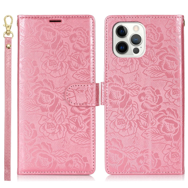 For iPhone 12 Pro Max Peony Flowers Imprint Leather Phone Case