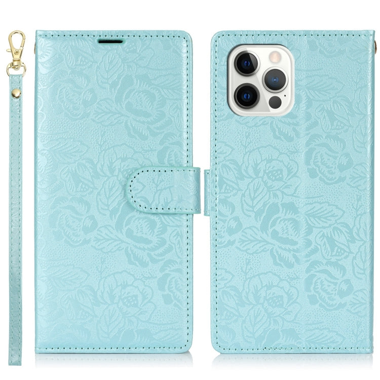 For iPhone 12 Pro Max Peony Flowers Imprint Leather Phone Case