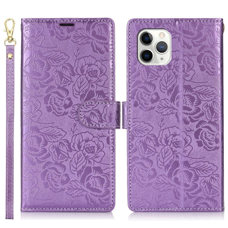For iPhone 11 Pro Peony Flowers Imprint Leather Phone Case