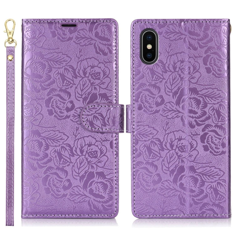 For iPhone X / XS Peony Flowers Imprint Leather Phone Case