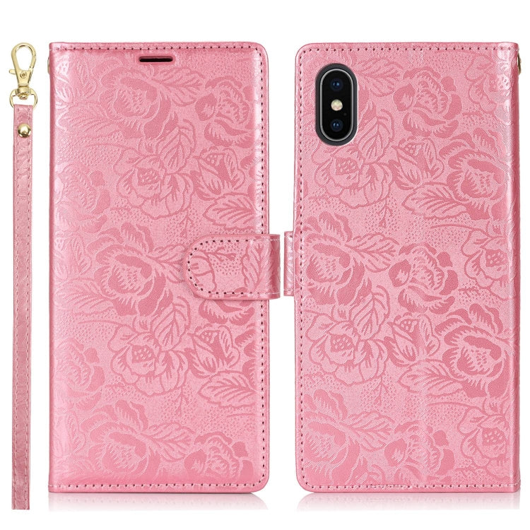 For iPhone XS Max Peony Flowers Imprint Leather Phone Case