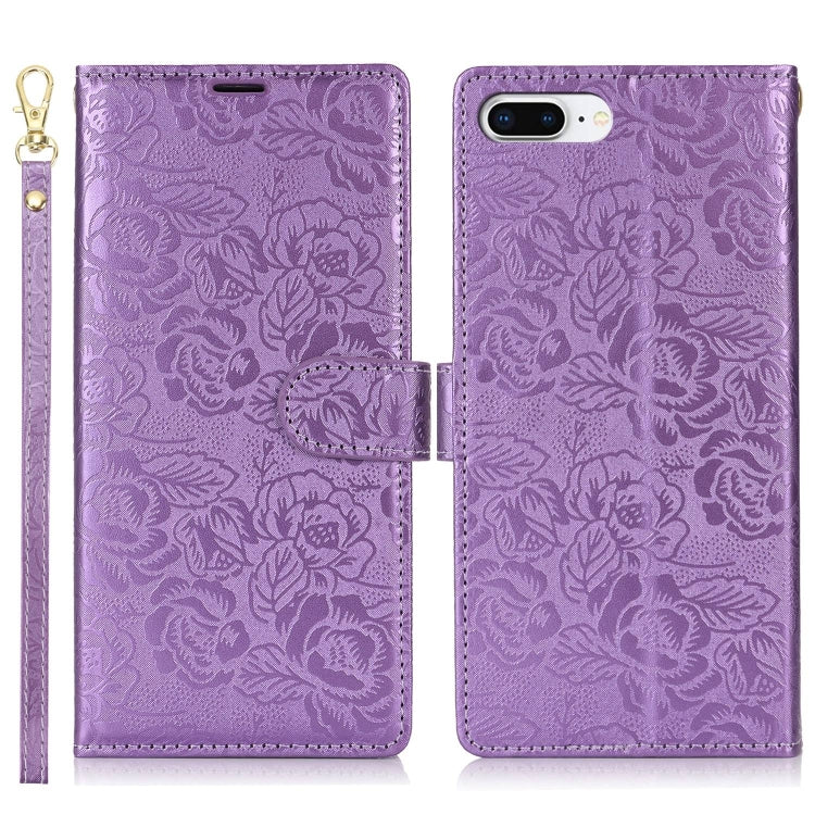 For iPhone 7 Plus / 8 Plus Peony Flowers Imprint Leather Phone Case