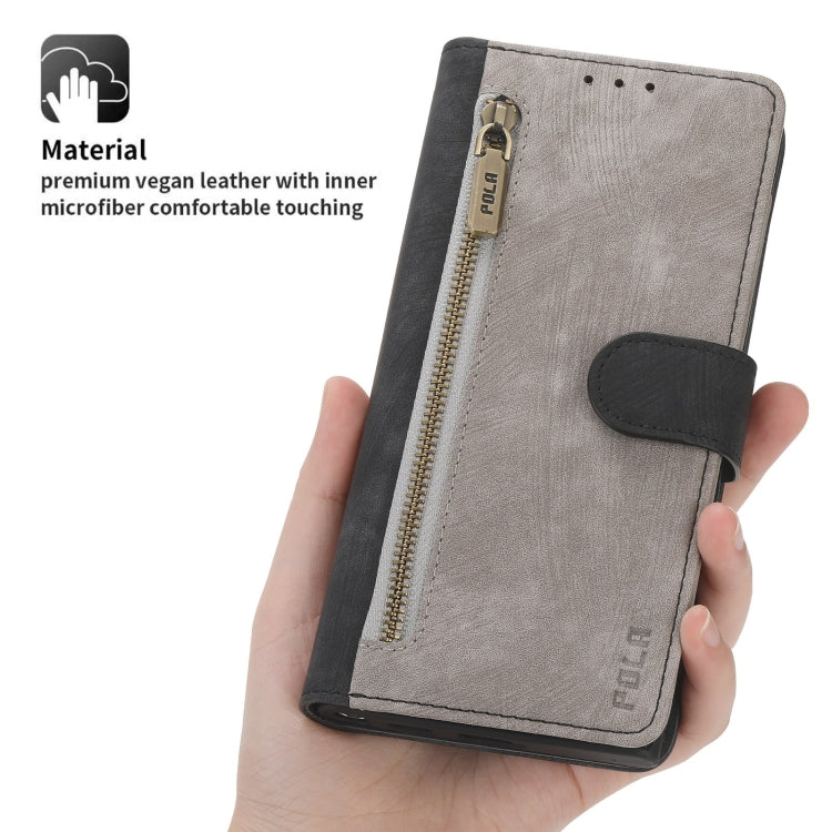 For Google Pixel 7 POLA Dual-color Zipper Wallet RFID Leather Phone Case