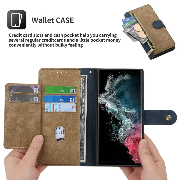 For Samsung Galaxy S22 Ultra 5G POLA Dual-color Zipper Wallet RFID Leather Phone Case
