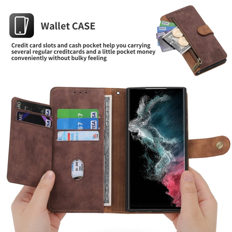 For Samsung Galaxy S22 Ultra 5G POLA Dual-color Zipper Wallet RFID Leather Phone Case