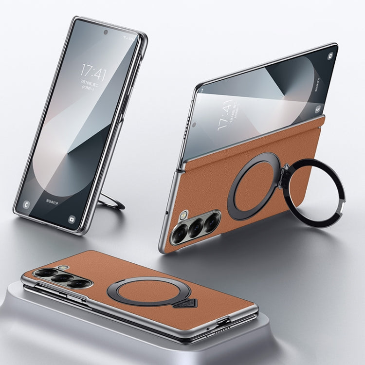 For Samsung Galaxy Z Fold 6 SULADA Top Grain Leather MagSafe Magnetic Holder Phone Case
