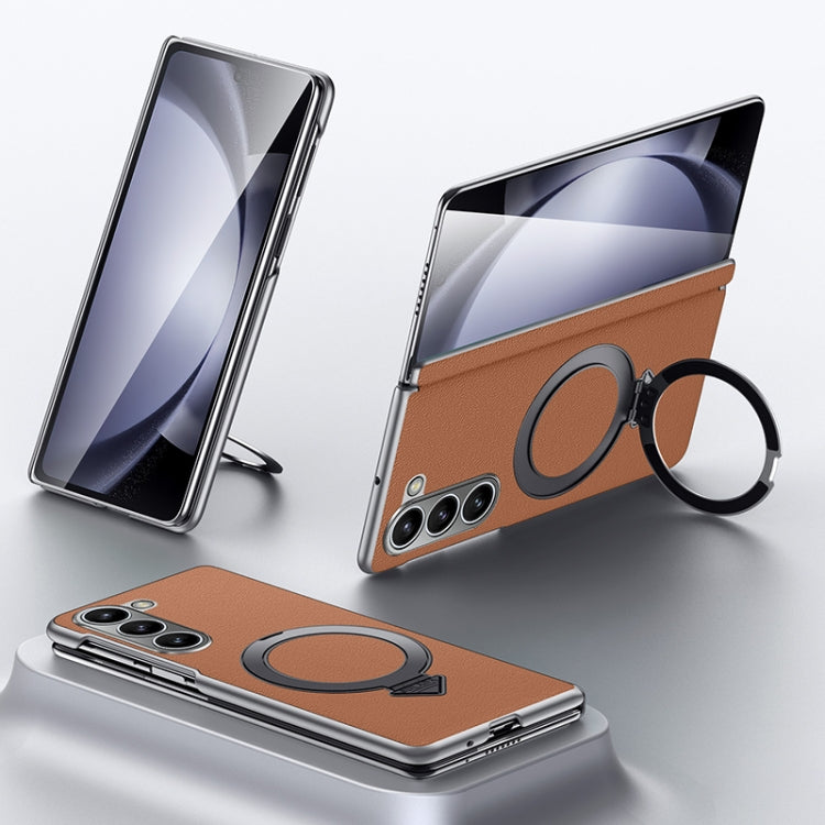 For Samsung Galaxy Z Fold 5 SULADA Top Grain Leather MagSafe Magnetic Holder Phone Case