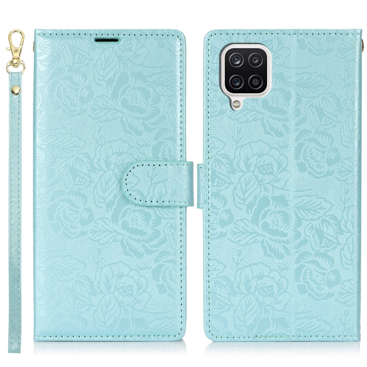 For Samsung Galaxy A12 4G Peony Flowers Imprint Leather Phone Case