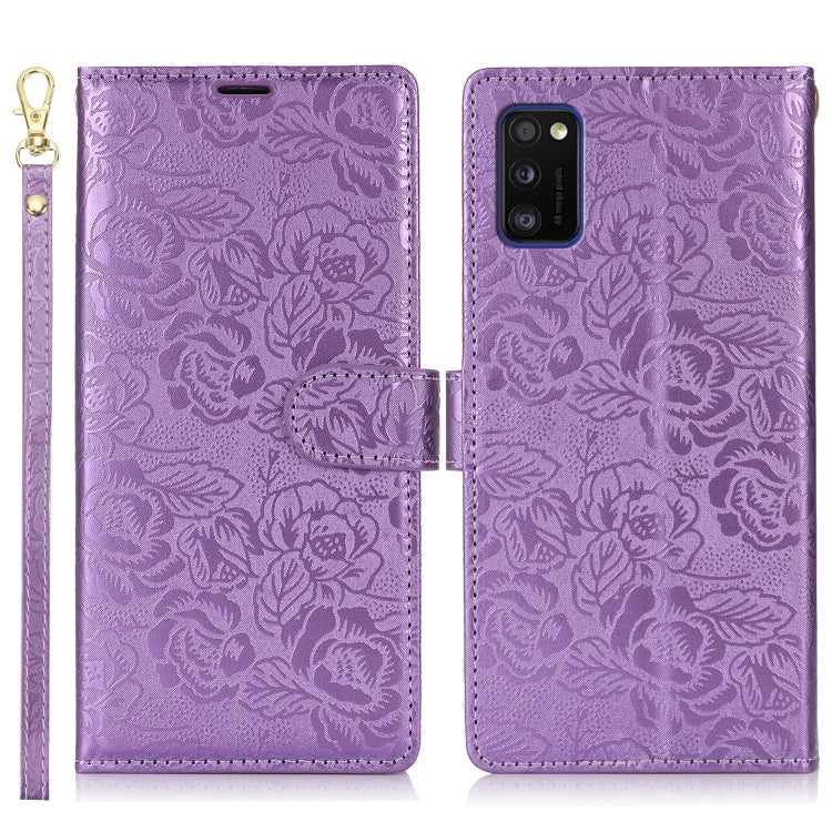 For Samsung Galaxy A41 Peony Flowers Imprint Leather Phone Case