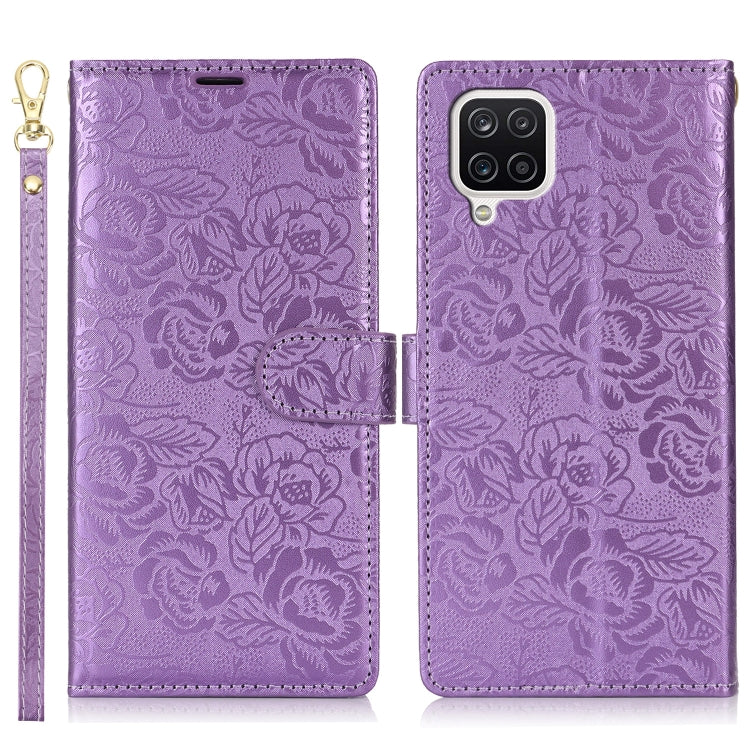 For Samsung Galaxy A42 5G Peony Flowers Imprint Leather Phone Case