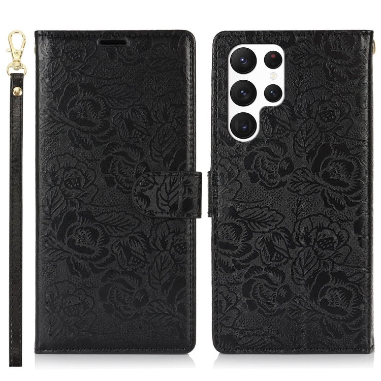For Samsung Galaxy S22 Ultra 5G Peony Flowers Imprint Leather Phone Case
