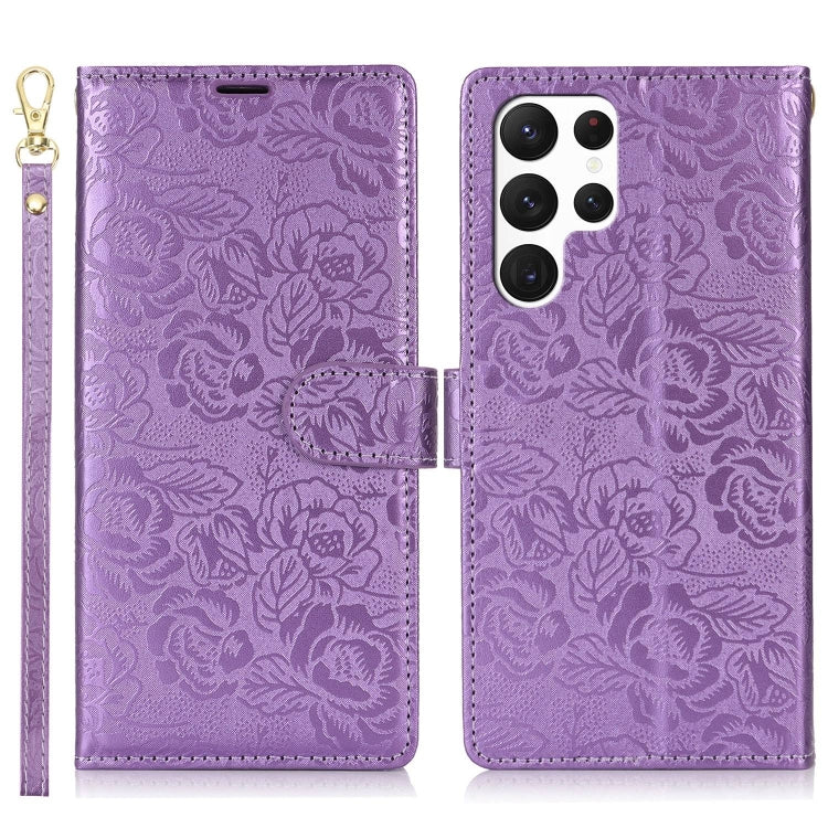 For Samsung Galaxy S22 Ultra 5G Peony Flowers Imprint Leather Phone Case