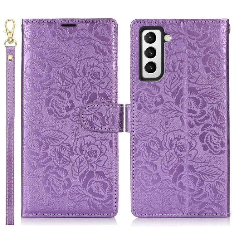 For Samsung Galaxy S22 5G Peony Flowers Imprint Leather Phone Case