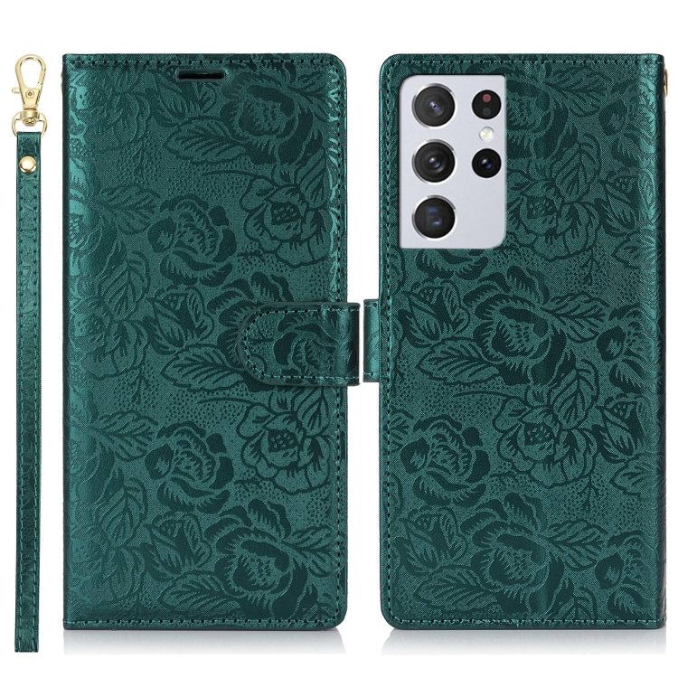 For Samsung Galaxy S21 Ultra  5G Peony Flowers Imprint Leather Phone Case