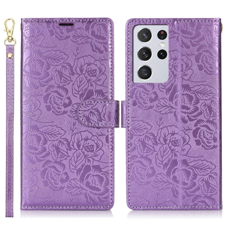 For Samsung Galaxy S21 Ultra  5G Peony Flowers Imprint Leather Phone Case