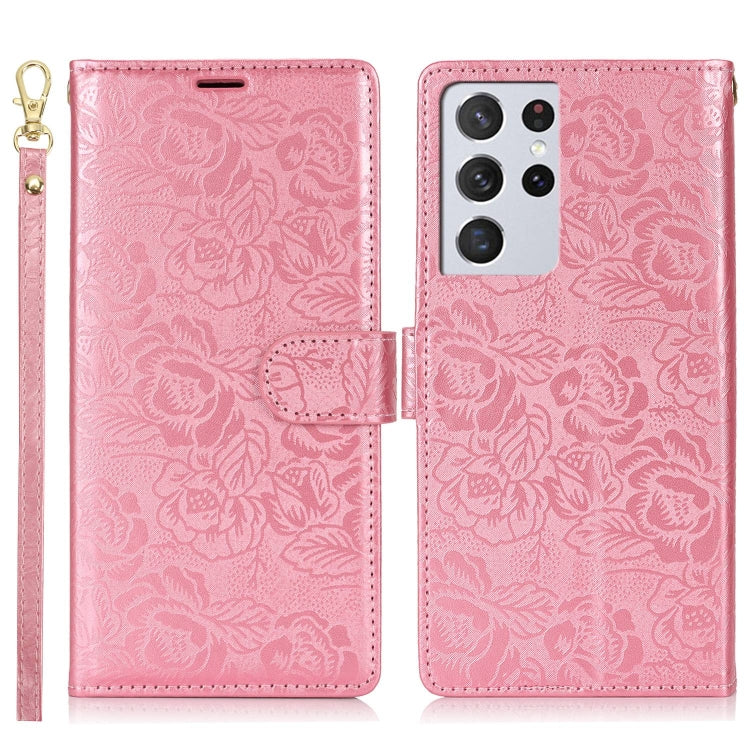 For Samsung Galaxy S21 Ultra  5G Peony Flowers Imprint Leather Phone Case
