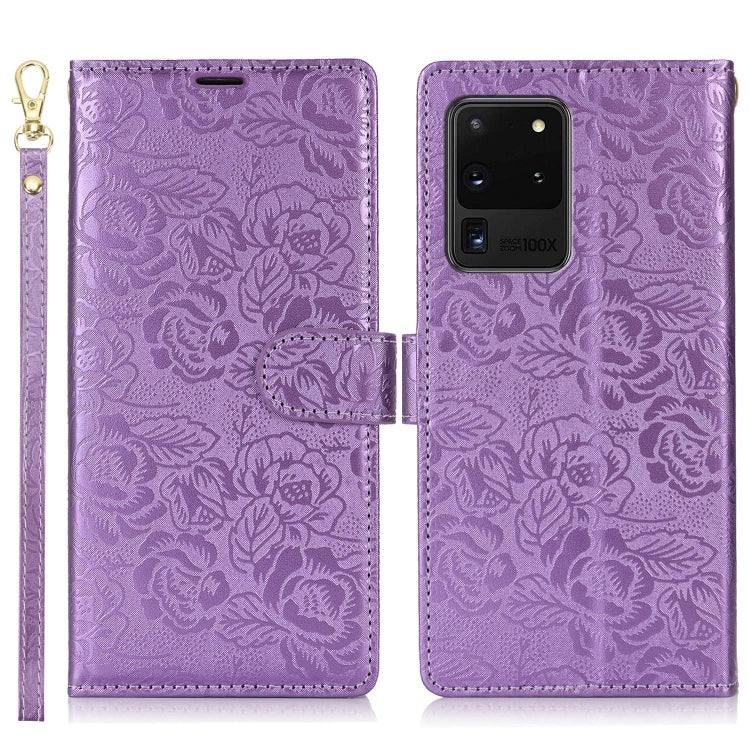 For Samsung Galaxy S20 Ultra Peony Flowers Imprint Leather Phone Case
