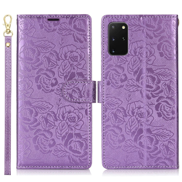 For Samsung Galaxy S20+ Peony Flowers Imprint Leather Phone Case