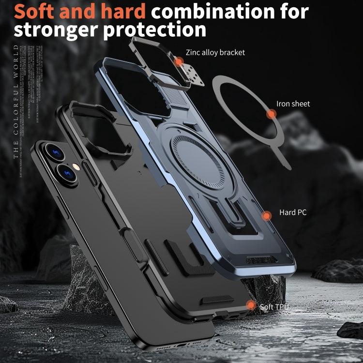 For iPhone 16 Plus Shield Hollow Frame Holder MagSafe Phone Case