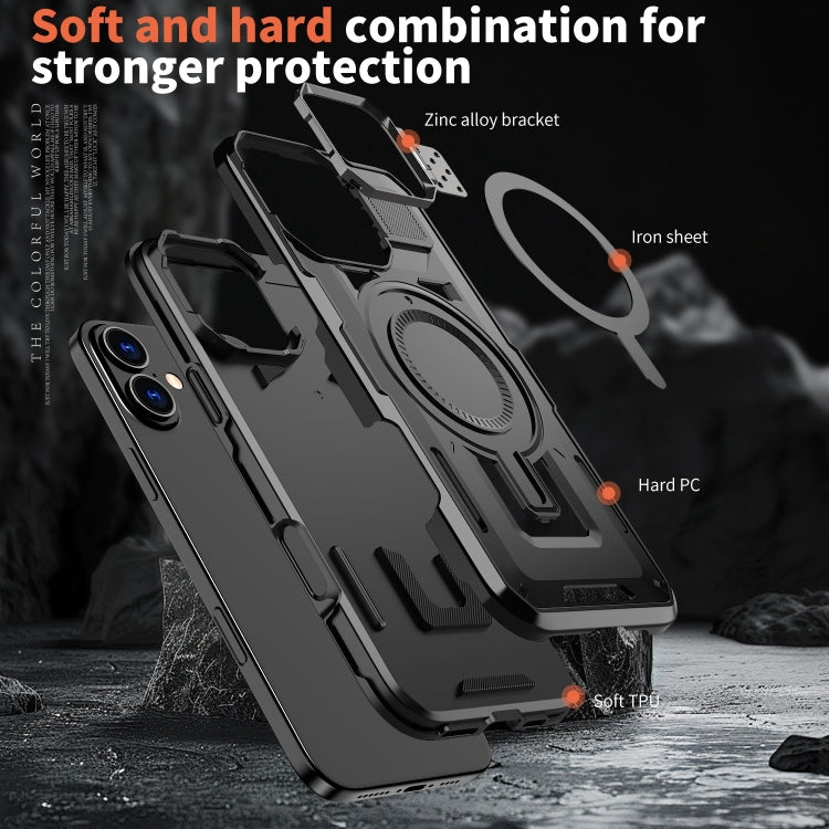 For iPhone 16 Shield Hollow Frame Holder MagSafe Phone Case
