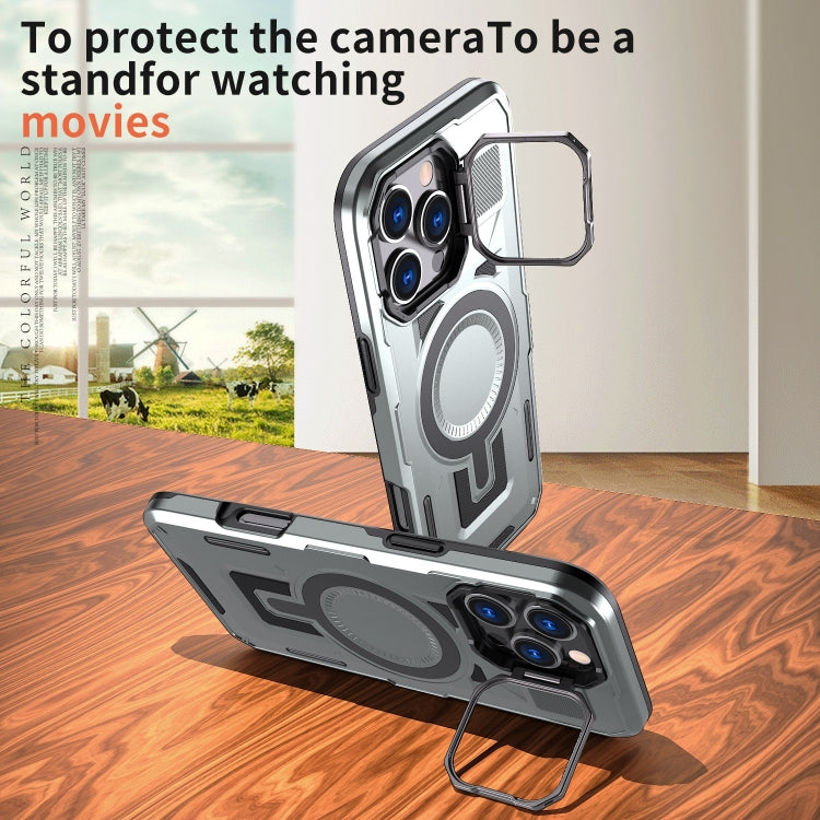 For iPhone 15 Shield Hollow Frame Holder MagSafe Phone Case