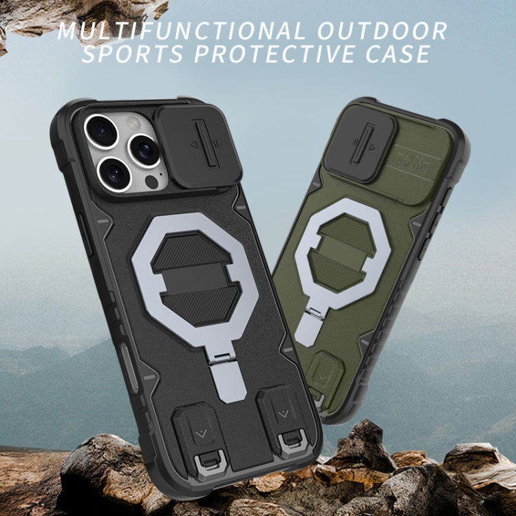 For iPhone 16 Pro Camera Shield Armor MagSafe Holder Phone Case with Strap