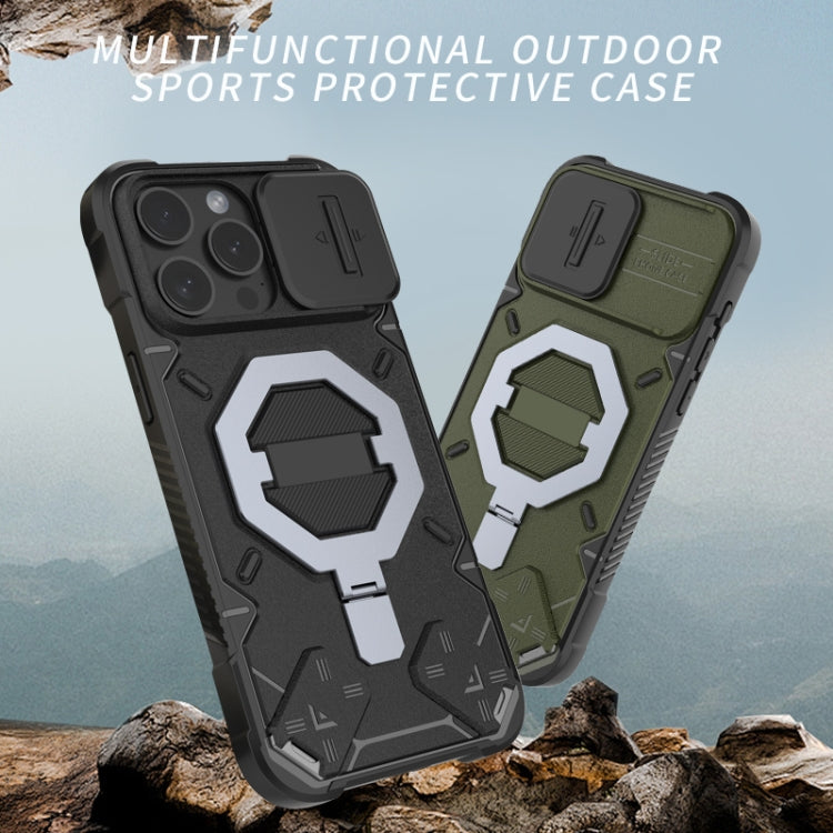 For iPhone 15 Pro Camera Shield Armor MagSafe Holder Phone Case with Strap