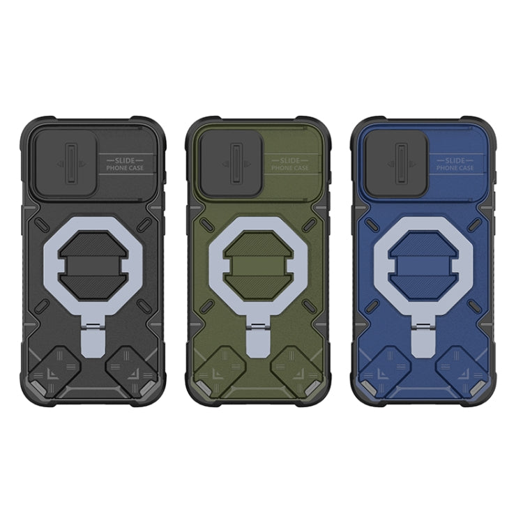 For iPhone 15 Camera Shield Armor MagSafe Holder Phone Case with Strap