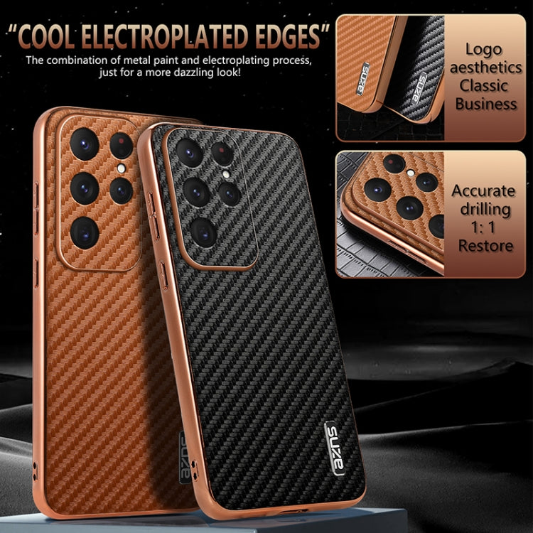 For Samsung Galaxy S25 Ultra 5G AZNS Electroplated Edge Carbon Fiber Texture Phone Case