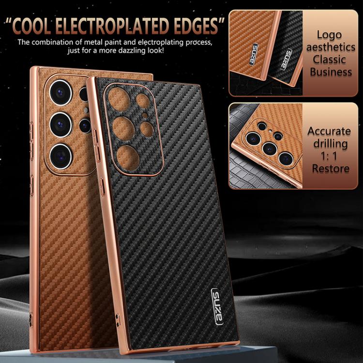 For Samsung Galaxy S23 Ultra 5G AZNS Electroplated Edge Carbon Fiber Texture Phone Case