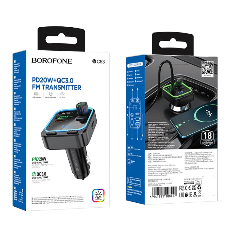 Borofone BC53 Highway PD20W & QC3.0 Car Bluetooth FM Transmitter - Black