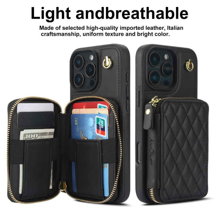 For iPhone 16 Pro AwQuer Crossbody Zipper Wallet Rhombic Leather Back Phone Case