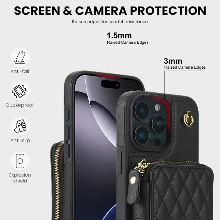 For iPhone 16 Pro AwQuer Crossbody Zipper Wallet Rhombic Leather Back Phone Case