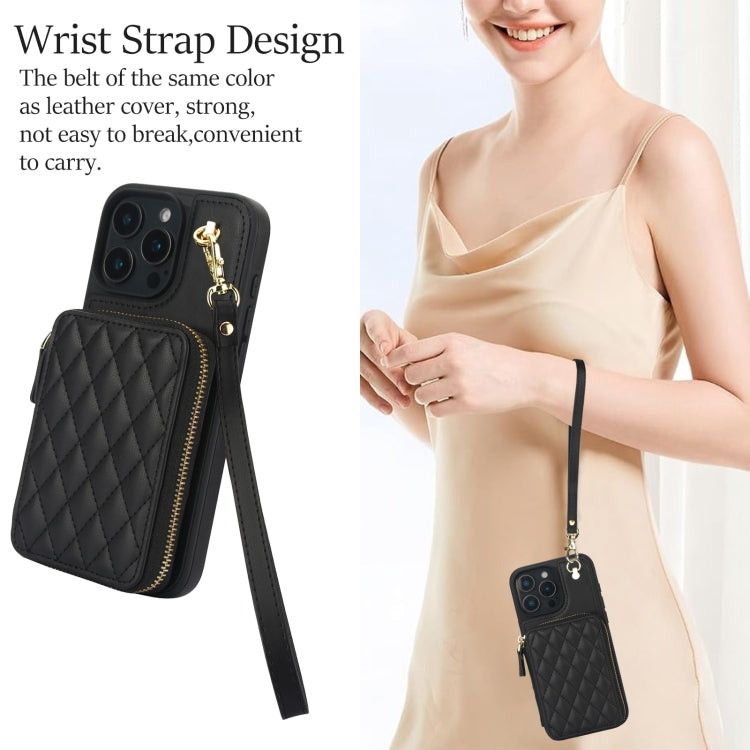 For iPhone 16 Pro AwQuer Crossbody Zipper Wallet Rhombic Leather Back Phone Case