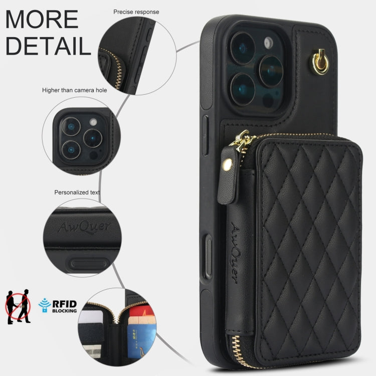 For iPhone 16 Pro AwQuer Crossbody Zipper Wallet Rhombic Leather Back Phone Case