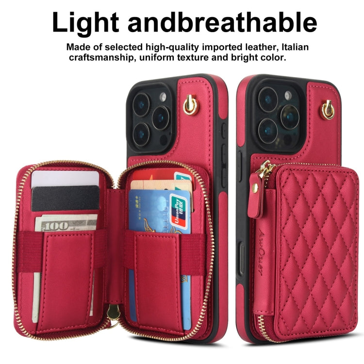 For iPhone 16 Pro AwQuer Crossbody Zipper Wallet Rhombic Leather Back Phone Case