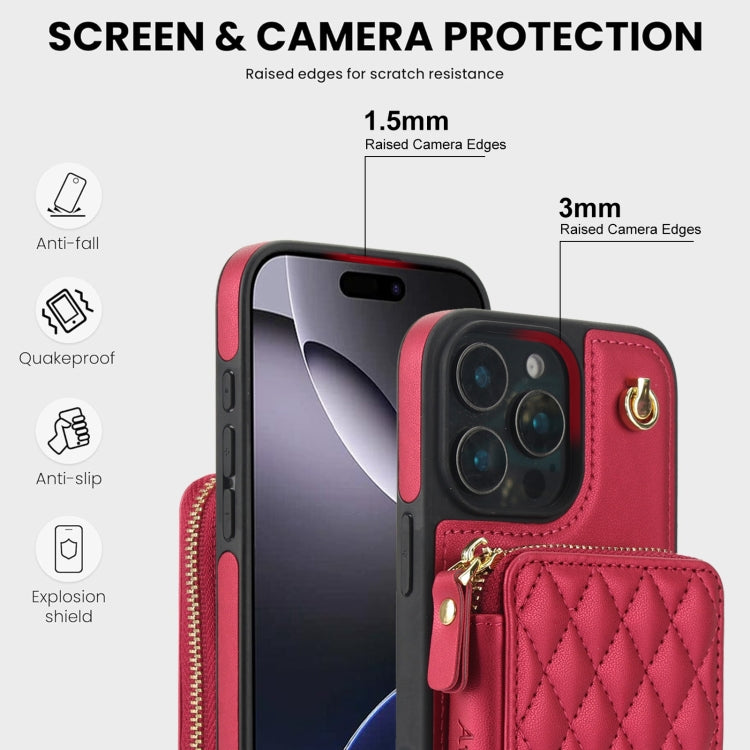 For iPhone 16 Pro AwQuer Crossbody Zipper Wallet Rhombic Leather Back Phone Case