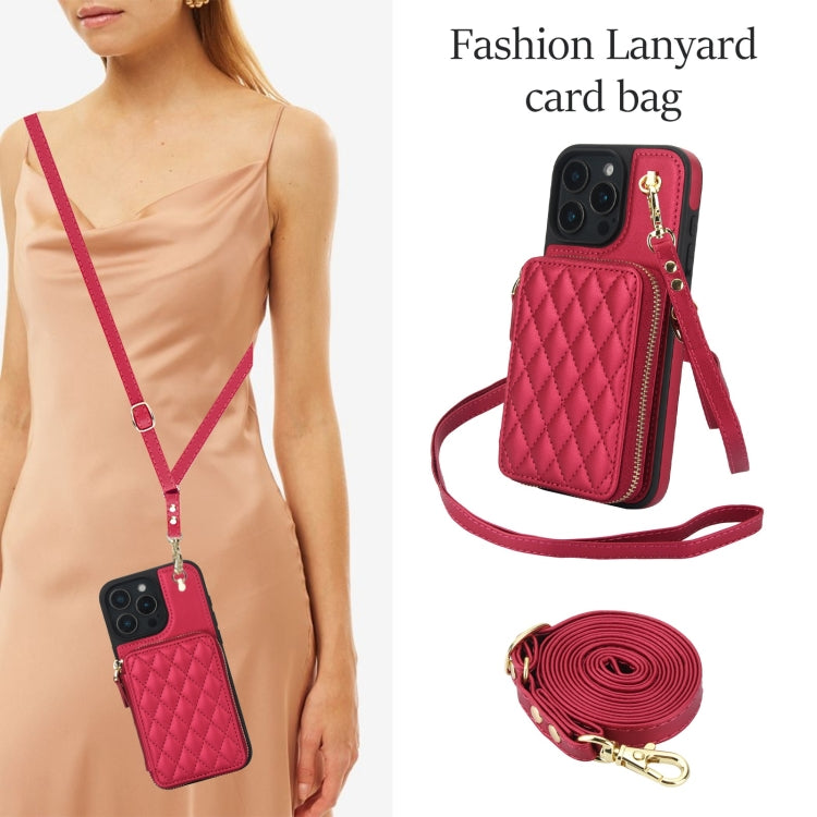 For iPhone 16 Pro AwQuer Crossbody Zipper Wallet Rhombic Leather Back Phone Case