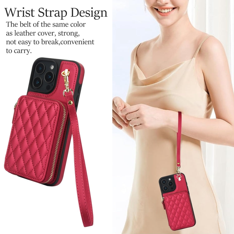 For iPhone 16 Pro AwQuer Crossbody Zipper Wallet Rhombic Leather Back Phone Case