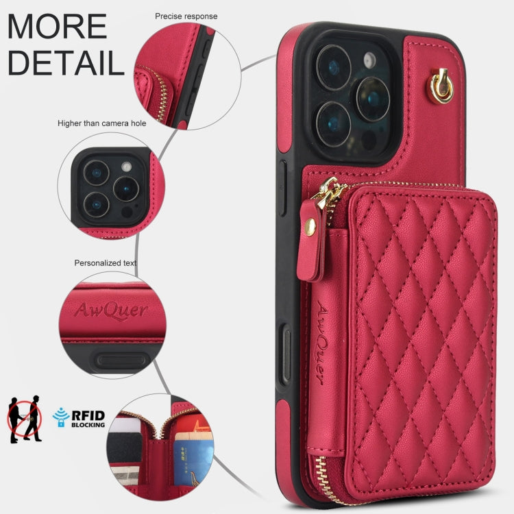 For iPhone 16 Pro AwQuer Crossbody Zipper Wallet Rhombic Leather Back Phone Case