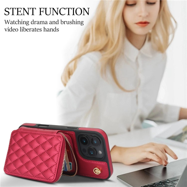 For iPhone 16 Pro AwQuer Crossbody Zipper Wallet Rhombic Leather Back Phone Case