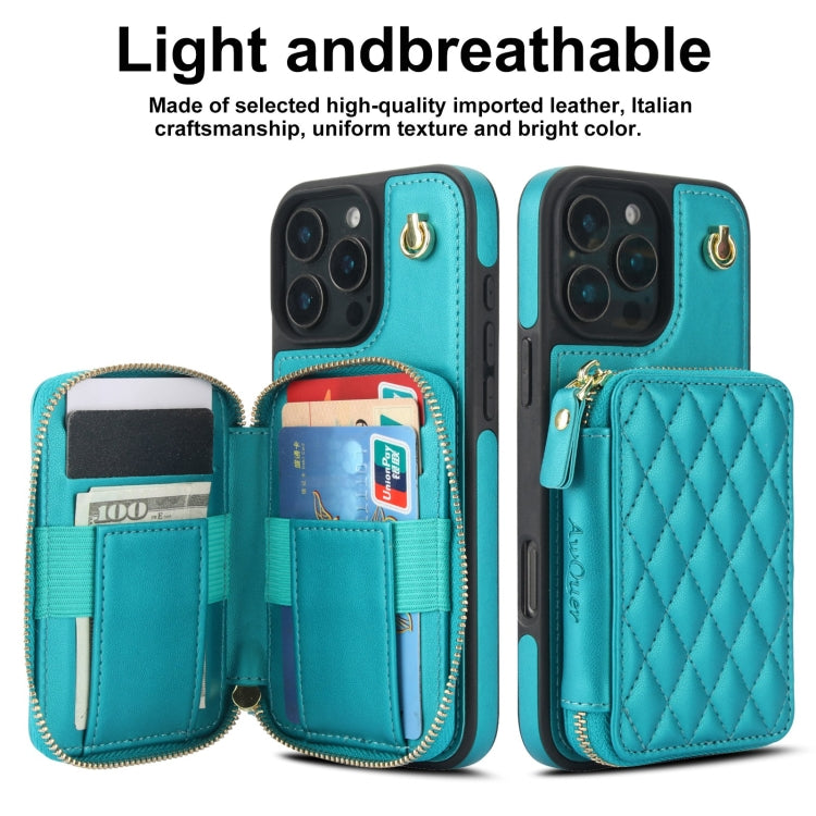 For iPhone 16 Pro AwQuer Crossbody Zipper Wallet Rhombic Leather Back Phone Case