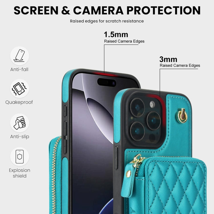 For iPhone 16 Pro AwQuer Crossbody Zipper Wallet Rhombic Leather Back Phone Case