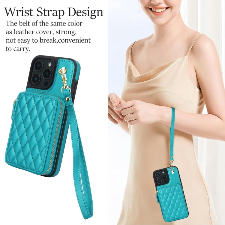 For iPhone 16 Pro AwQuer Crossbody Zipper Wallet Rhombic Leather Back Phone Case