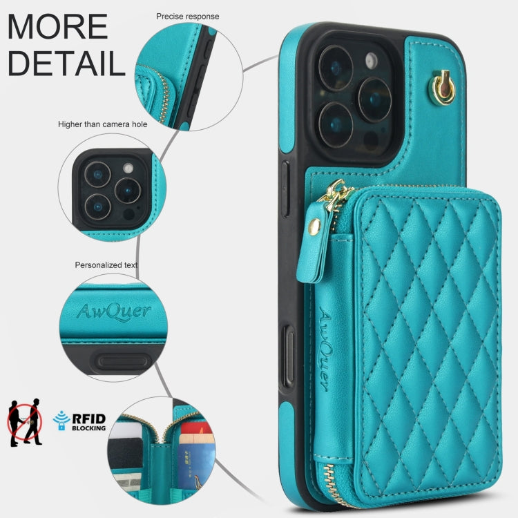 For iPhone 16 Pro AwQuer Crossbody Zipper Wallet Rhombic Leather Back Phone Case