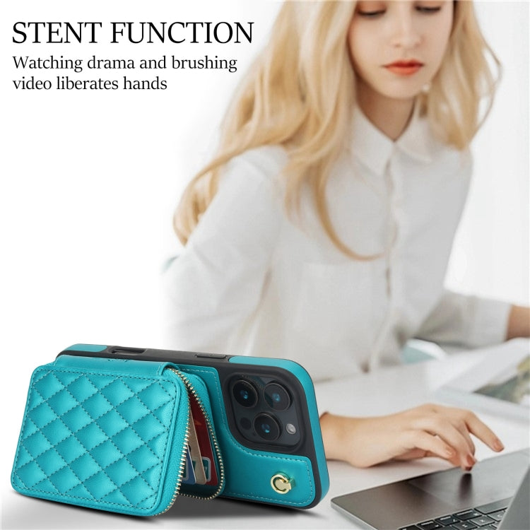 For iPhone 16 Pro AwQuer Crossbody Zipper Wallet Rhombic Leather Back Phone Case