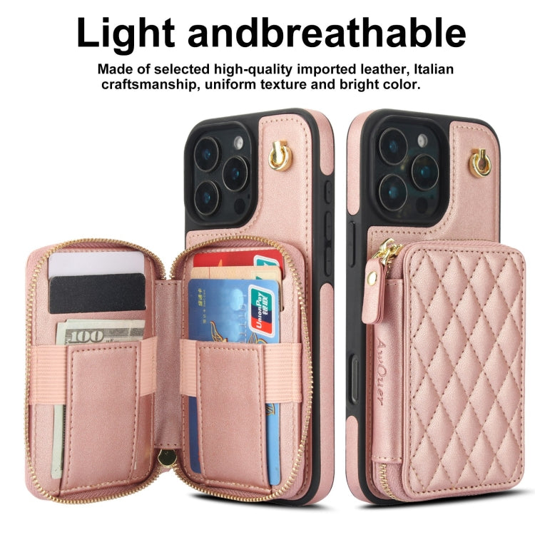 For iPhone 16 Pro AwQuer Crossbody Zipper Wallet Rhombic Leather Back Phone Case