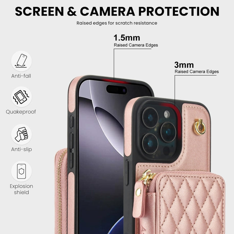 For iPhone 16 Pro AwQuer Crossbody Zipper Wallet Rhombic Leather Back Phone Case